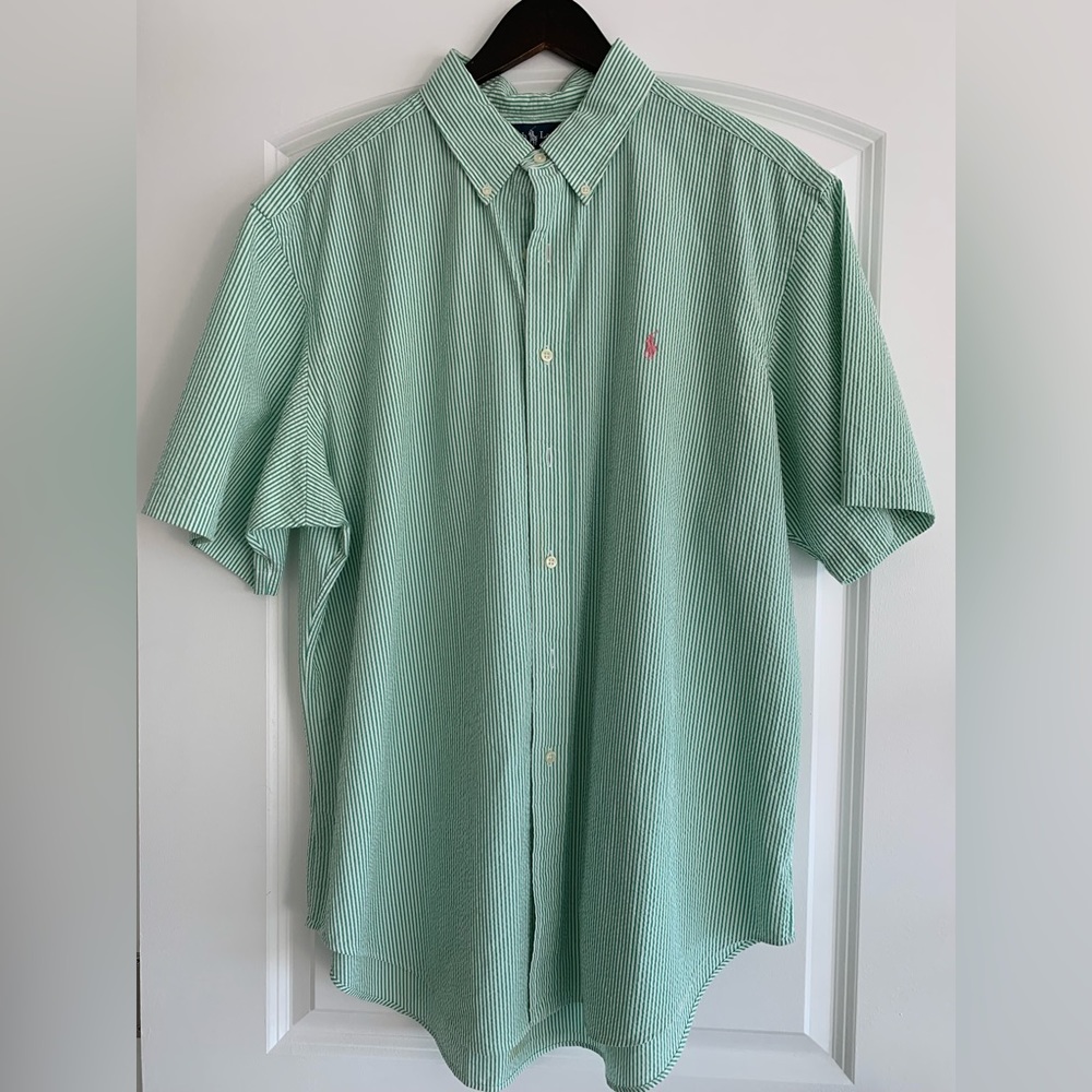 Polo Ralph Lauren Seersucker Short Sleeve Shirt Green/White - XL - FLAWLESS Cond